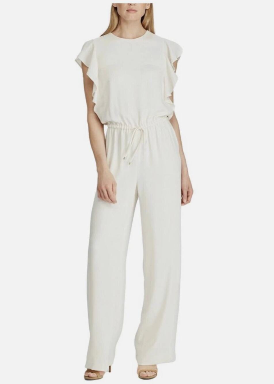 Ralph Lauren Ruffle Trim Jumpsuit 4 White Cream Bridal Wedding Shower Coastal